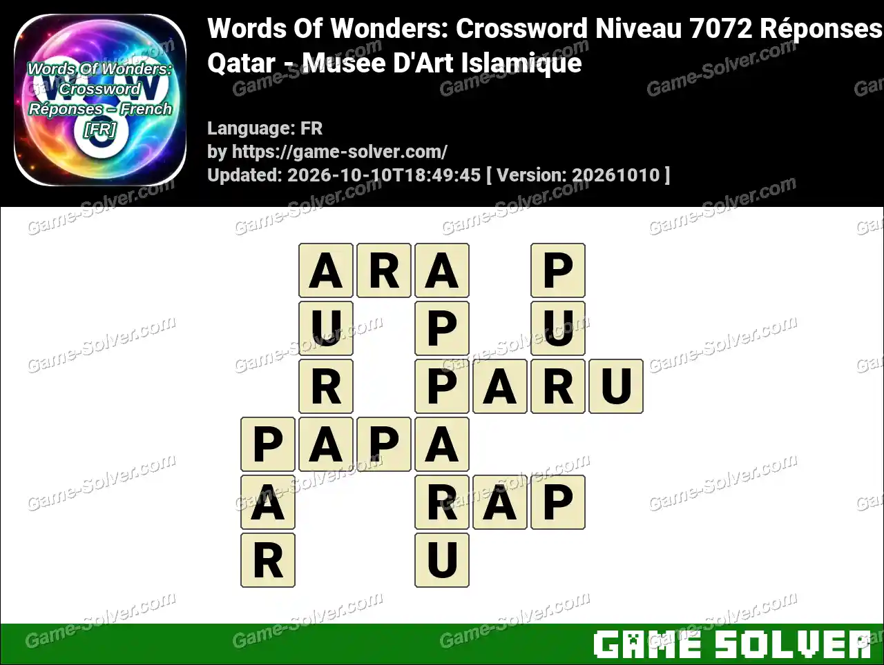 Words Of Wonders: Crossword Niveau 7072 Réponses – Qatar – Musee D’Art Islamique